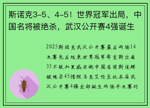斯诺克3-5、4-5！世界冠军出局，中国名将被绝杀，武汉公开赛4强诞生